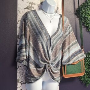 Gypsies & Moondust Striped V-Neck Twist Front Sweater Top - Tan, Green, Blue